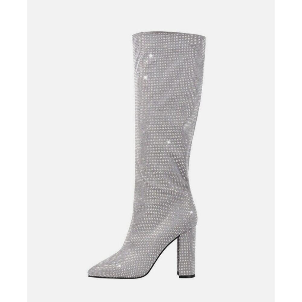 Rhinestone Knee High Boots Sparkly Chunky High Heel Pointed Toe Size 7 Wedding